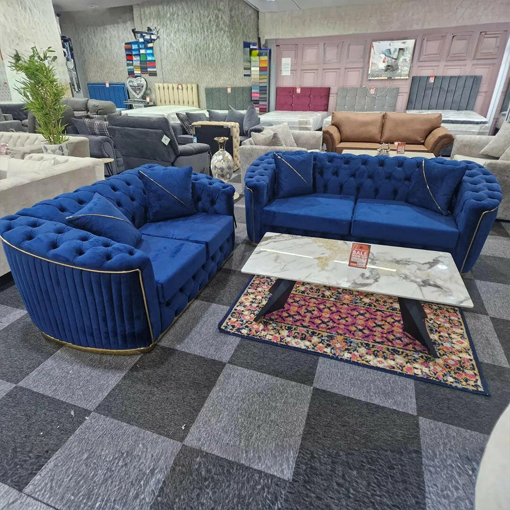 AMBASSADOR CHESTERFIELD SOFA 3+2 BLUE & GOLD | SofaSaleHub UK